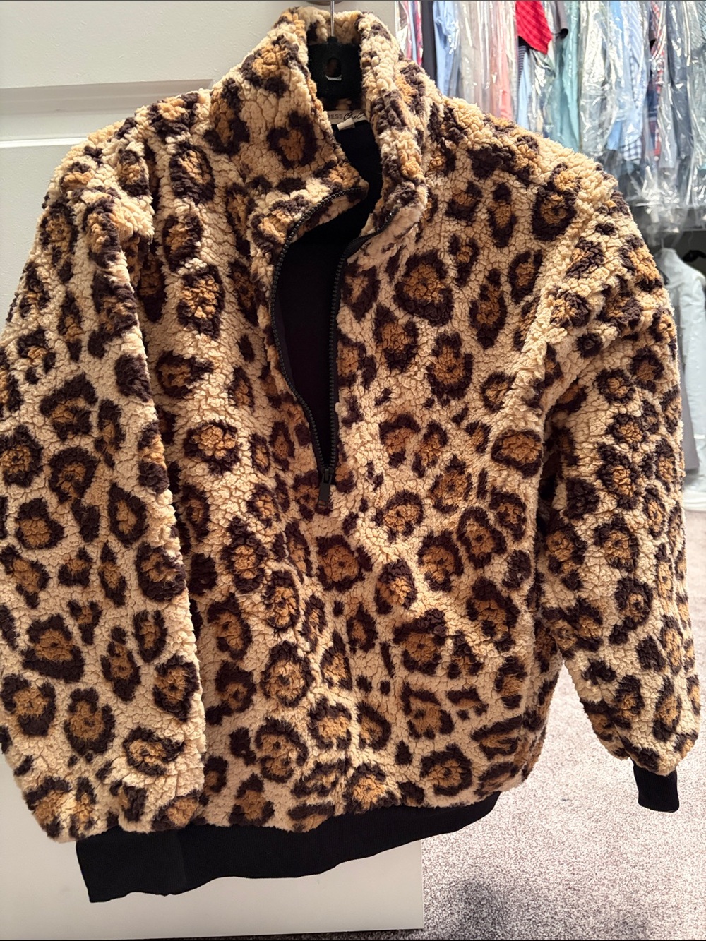 Express Women's Leopard Sherpa Pullover - Tan/Brown/Black